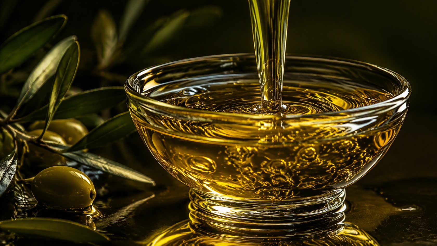 Chorro de aceite de oliva virgen extra dorado cayendo en un bol de cristal